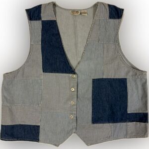 Vintage 100% cotton blue denim gingham striped v-neck vest nostalgic size 22/24